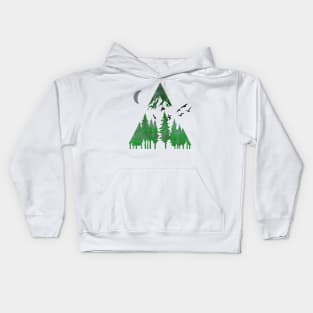 Mountain, Pine Trees, Birds, and Moon Watercolor Landscape Kids Hoodie
